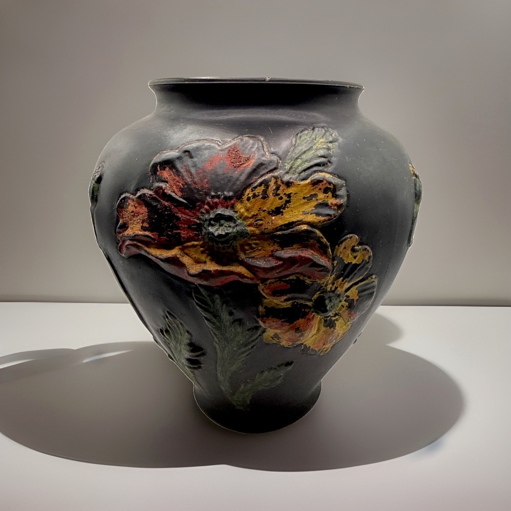 Antique 1920 Tiffin Black Satin 3D Coralene red orange & yellow Poppy glass Vase